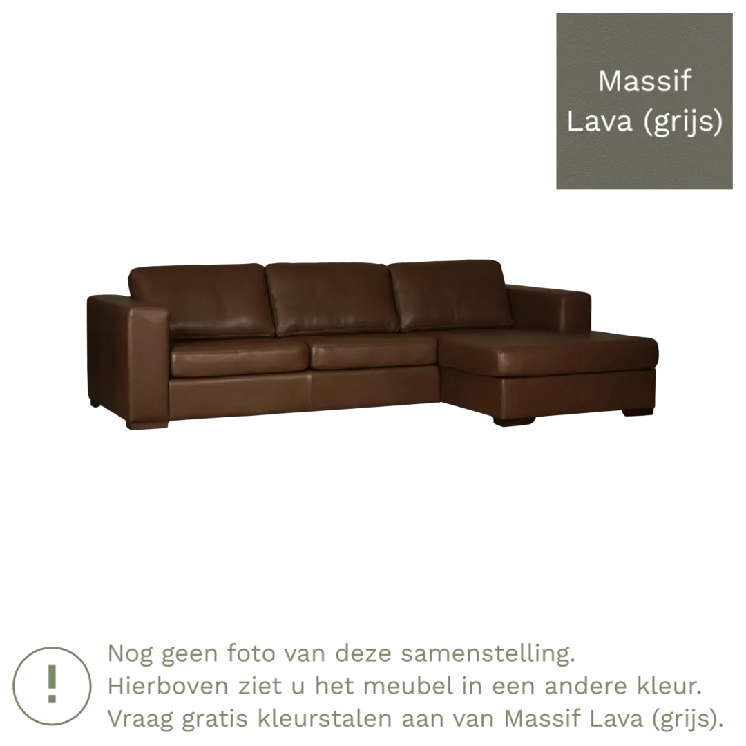 afbeelding van Leren hoekbank Flow - 3 zits arm rechts + longchair links - Massif Lava (grijs) - Poten hout zwart