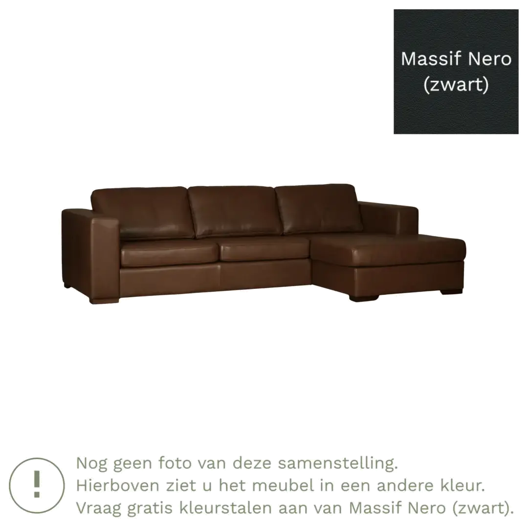 afbeelding van Leren hoekbank Flow - 3 zits arm rechts + longchair links - Massif Nero (zwart) - Poten hout bruin