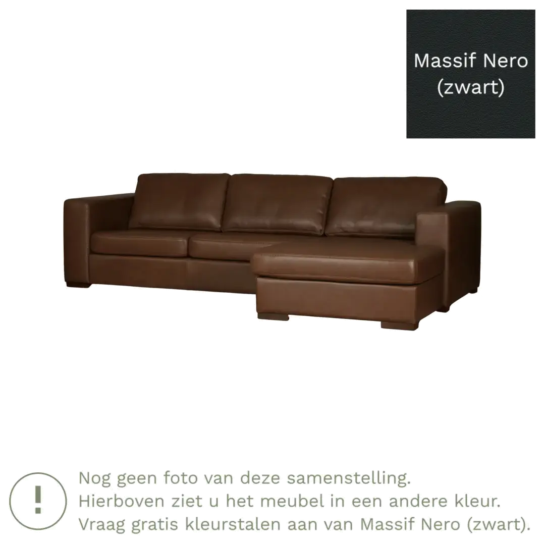 afbeelding van Leren hoekbank Flow - 3 zits arm rechts + longchair links - Massif Nero (zwart) - Poten hout bruin