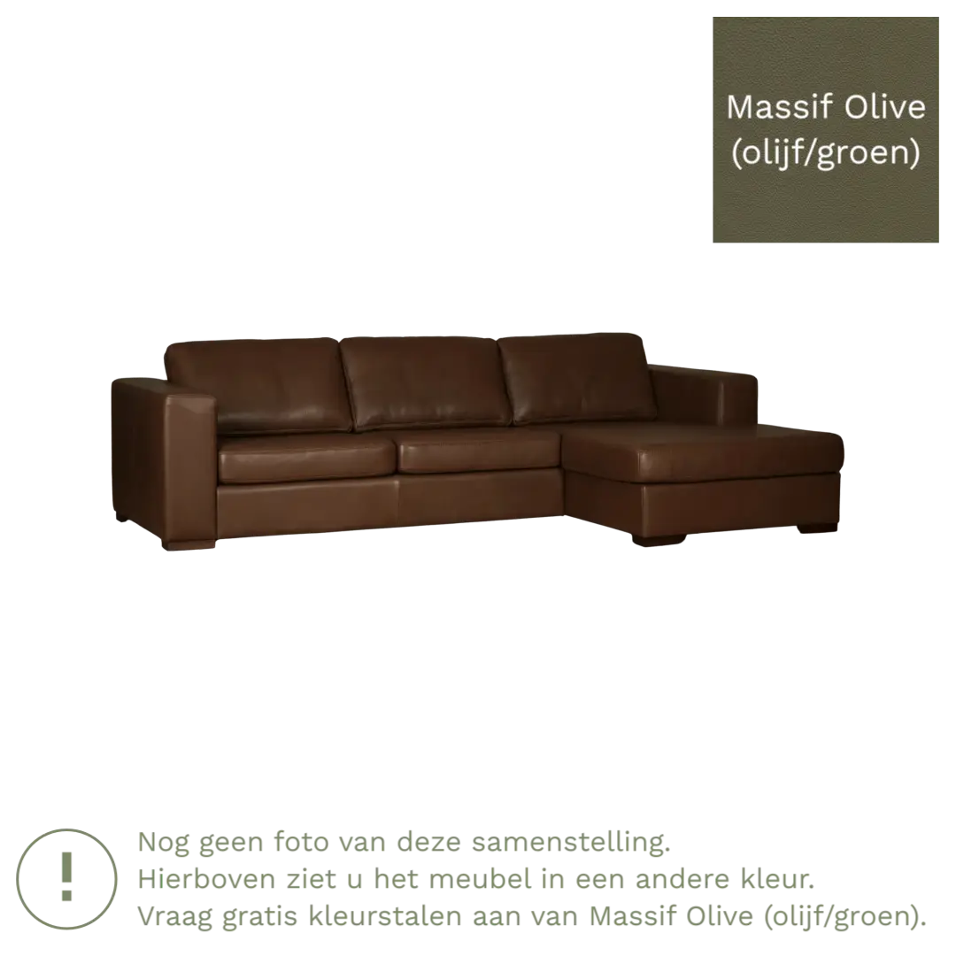 afbeelding van Leren hoekbank Flow - 3 zits arm rechts + longchair links - Massif Olive (olijf/groen) - Poten hout zwart