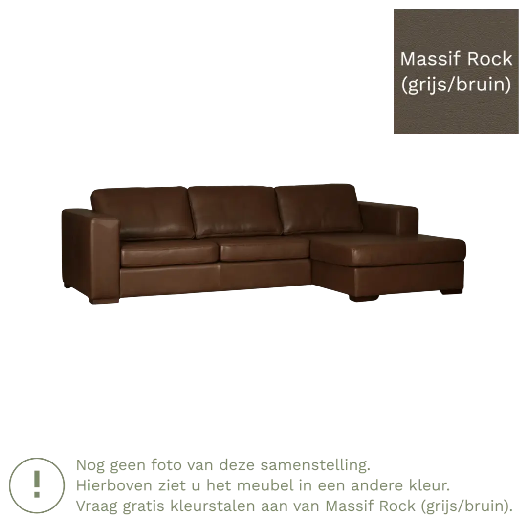 afbeelding van Leren hoekbank Flow - 3 zits arm rechts + longchair links - Massif Rock (grijs/bruin) - Poten hout zwart