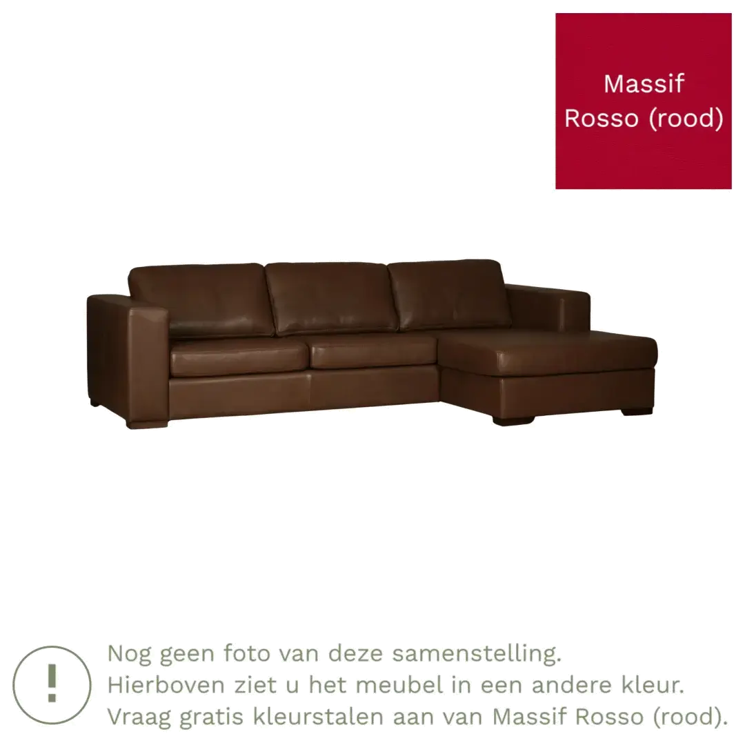 afbeelding van Leren hoekbank Flow - 3 zits arm rechts + longchair links - Massif Rosso (rood) - Poten hout zwart