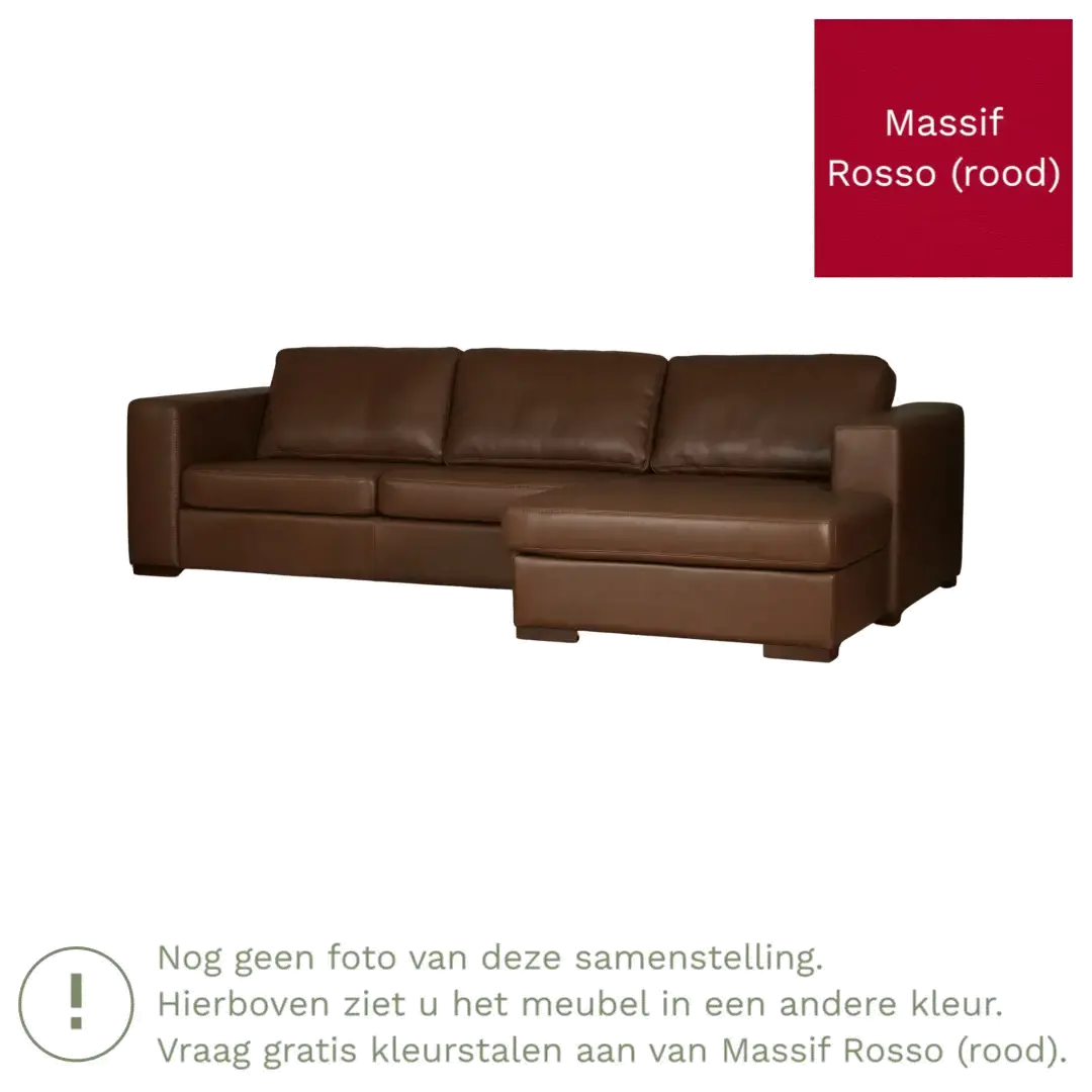 afbeelding van Leren hoekbank Flow - 3 zits arm rechts + longchair links - Massif Rosso (rood) - Poten hout zwart