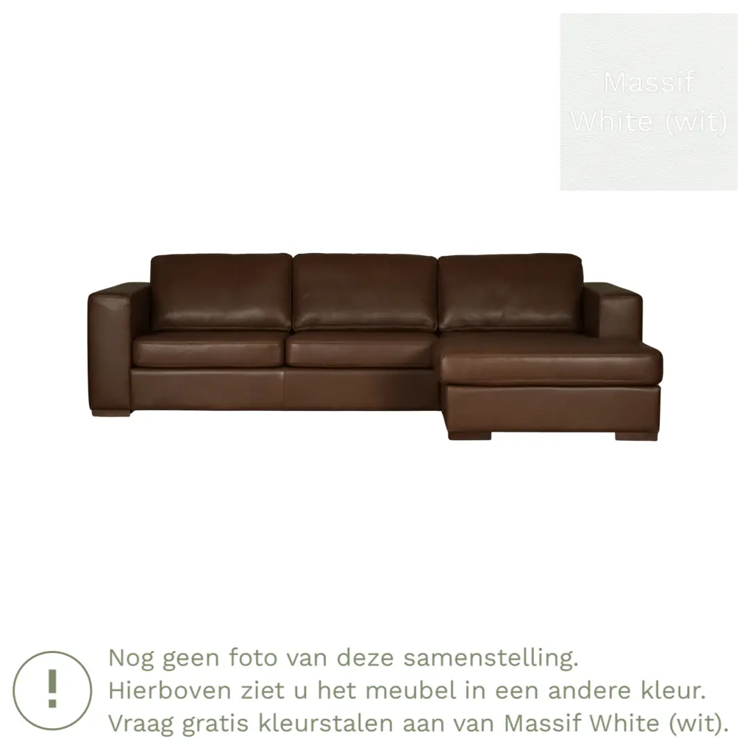 afbeelding van Leren hoekbank Flow - 3 zits arm rechts + longchair links - Massif White (wit) - Poten hout bruin