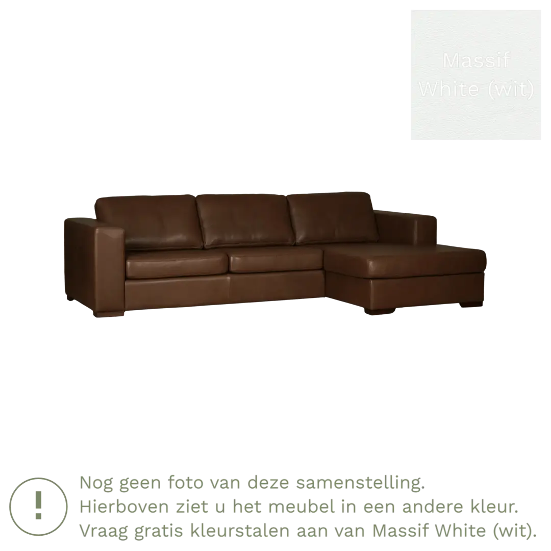 afbeelding van Leren hoekbank Flow - 3 zits arm rechts + longchair links - Massif White (wit) - Poten hout zwart
