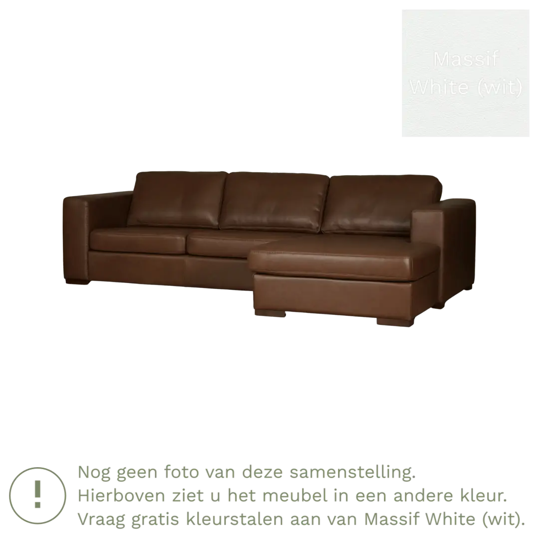 afbeelding van Leren hoekbank Flow - 3 zits arm rechts + longchair links - Massif White (wit) - Poten hout zwart