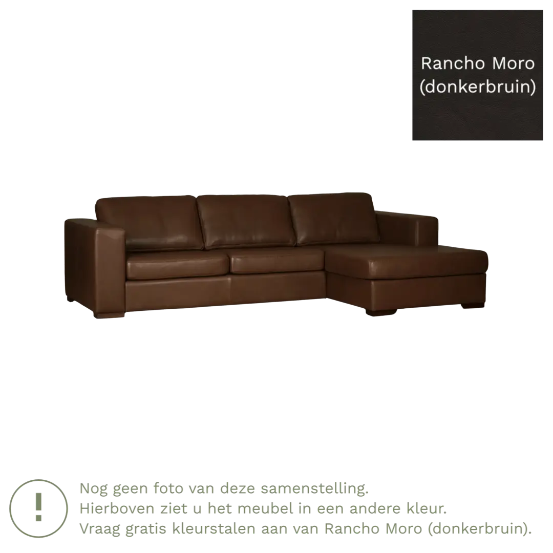 afbeelding van Leren hoekbank Flow - 3 zits arm rechts + longchair links - Rancho Moro (donkerbruin) - Poten hout bruin