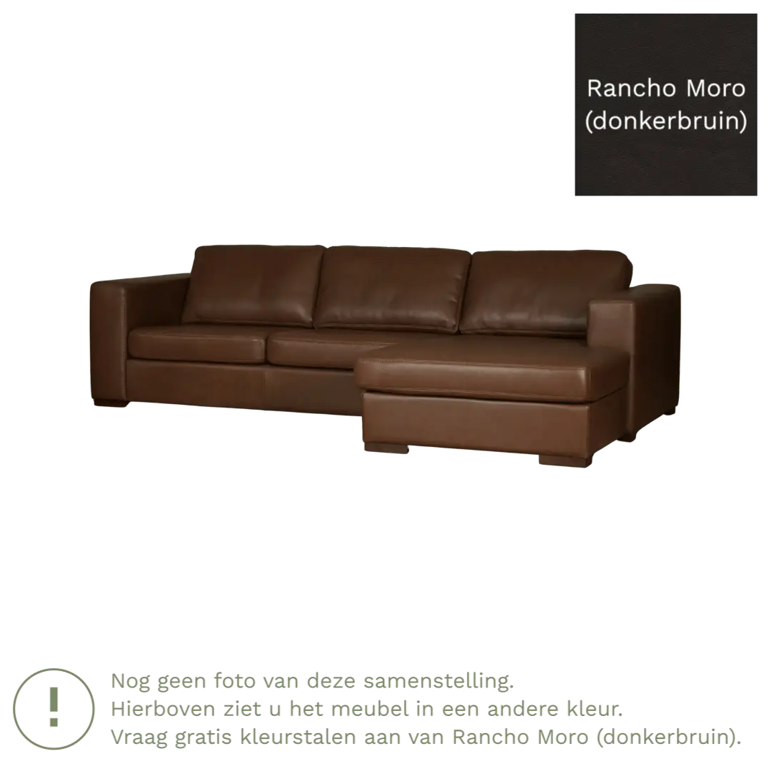 afbeelding van Leren hoekbank Flow - 3 zits arm rechts + longchair links - Rancho Moro (donkerbruin) - Poten hout bruin