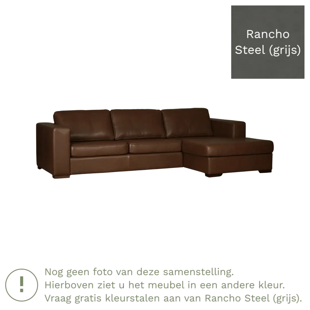 afbeelding van Leren hoekbank Flow - 3 zits arm rechts + longchair links - Rancho Steel (grijs) - Poten hout bruin