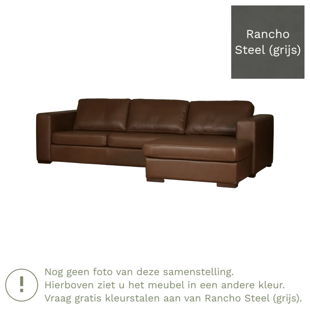 afbeelding van Leren hoekbank Flow - 3 zits arm rechts + longchair links - Rancho Steel (grijs) - Poten hout bruin