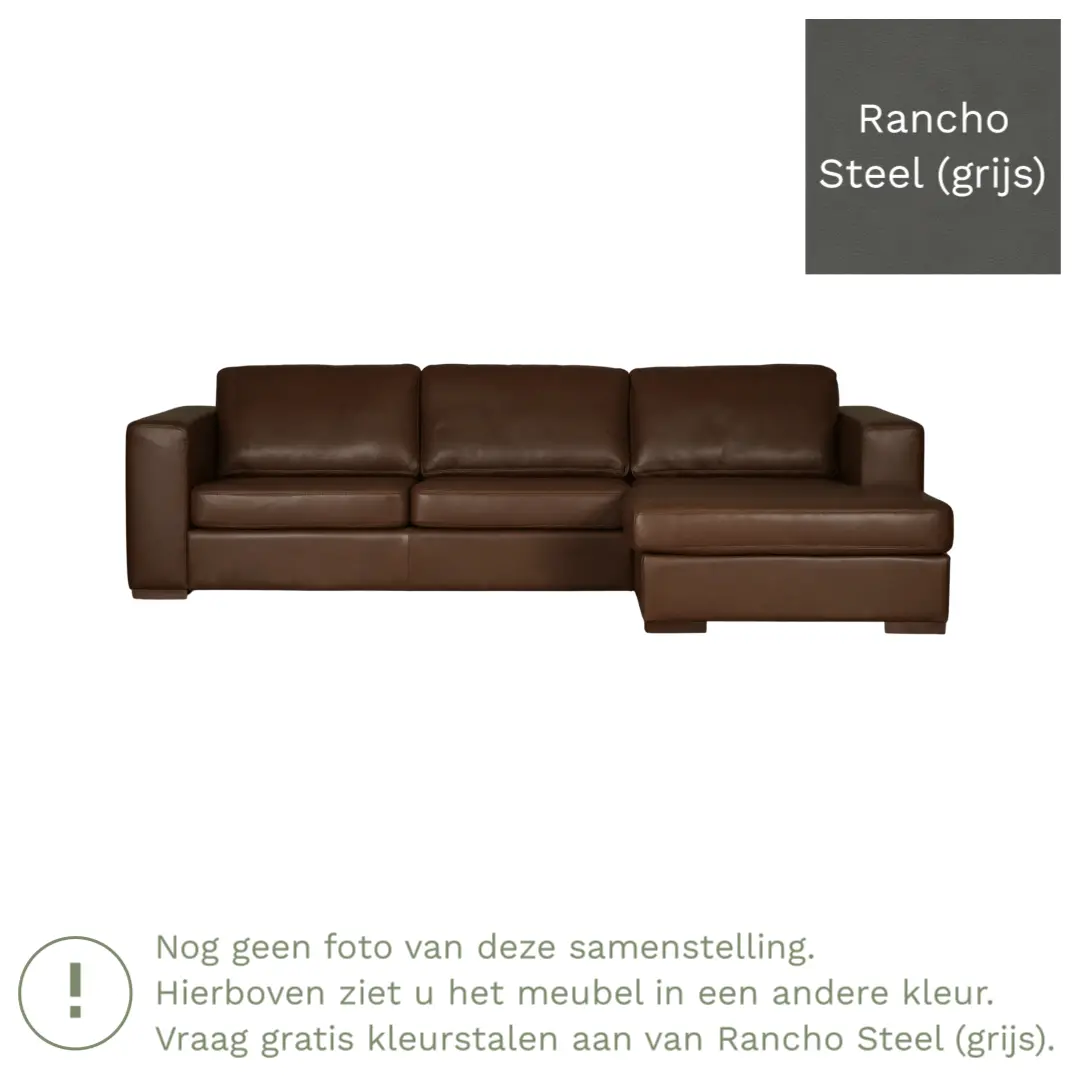 afbeelding van Leren hoekbank Flow - 3 zits arm rechts + longchair links - Rancho Steel (grijs) - Poten hout zwart