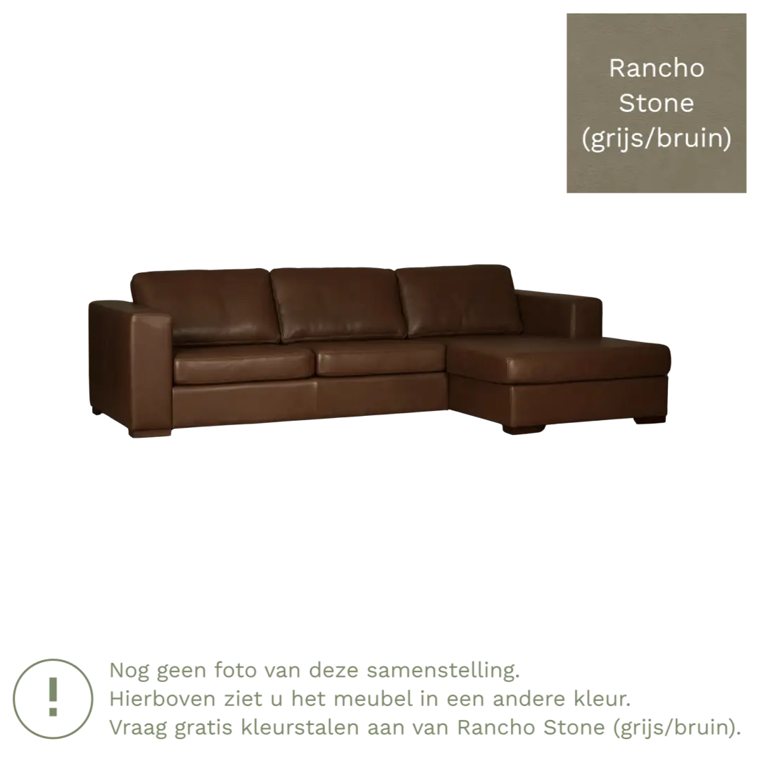 afbeelding van Leren hoekbank Flow - 3 zits arm rechts + longchair links - Rancho Stone (grijs/bruin) - Poten hout zwart