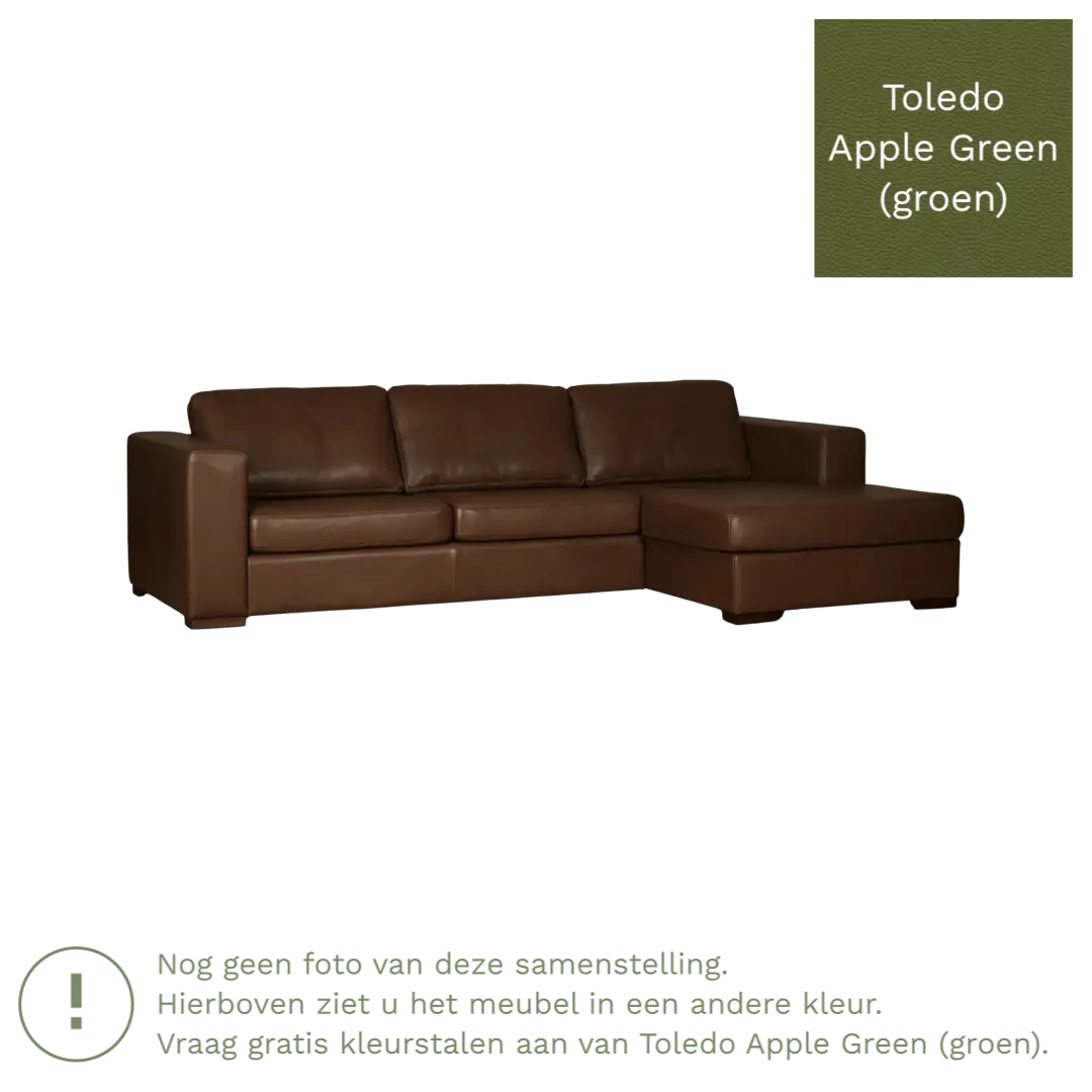 afbeelding van Leren hoekbank Flow - 3 zits arm rechts + longchair links - Toledo Apple Green (groen) - Poten hout bruin