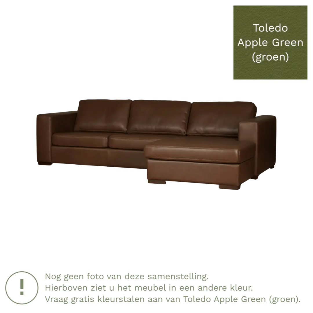 afbeelding van Leren hoekbank Flow - 3 zits arm rechts + longchair links - Toledo Apple Green (groen) - Poten hout bruin