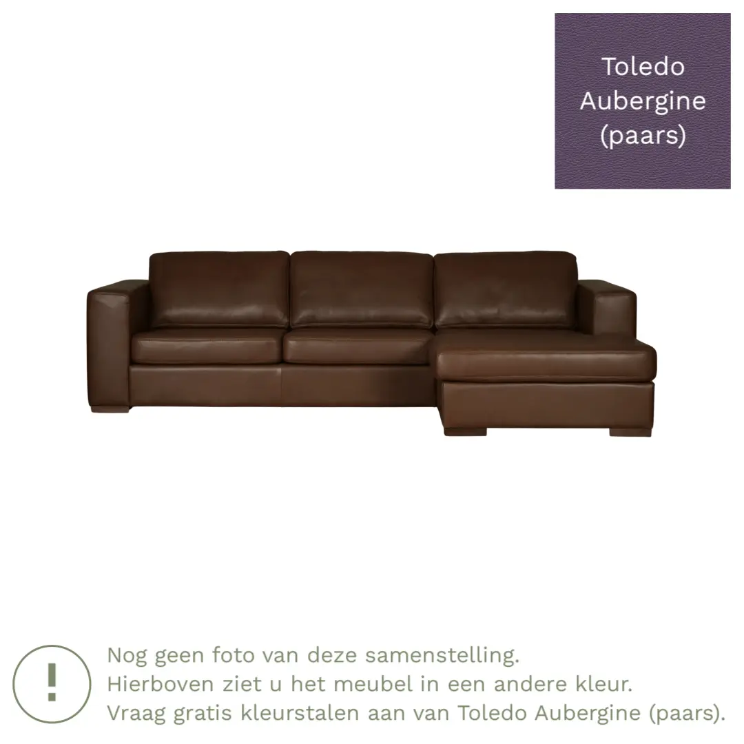 afbeelding van Leren hoekbank Flow - 3 zits arm rechts + longchair links - Toledo Aubergine (paars) - Poten hout bruin
