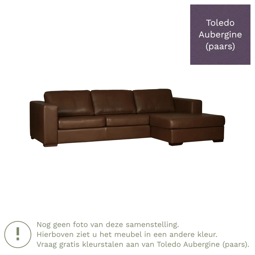 afbeelding van Leren hoekbank Flow - 3 zits arm rechts + longchair links - Toledo Aubergine (paars) - Poten hout zwart