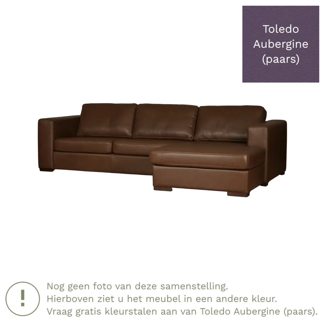 afbeelding van Leren hoekbank Flow - 3 zits arm rechts + longchair links - Toledo Aubergine (paars) - Poten hout zwart