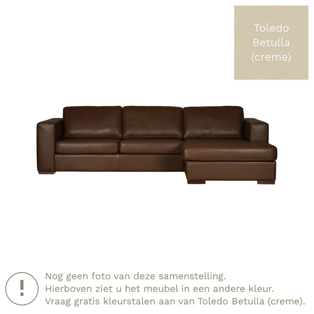 afbeelding van Leren hoekbank Flow - 3 zits arm rechts + longchair links - Toledo Betulla (crème) - Poten hout zwart