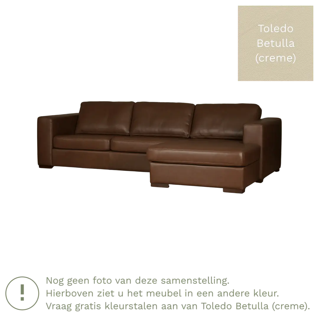 afbeelding van Leren hoekbank Flow - 3 zits arm rechts + longchair links - Toledo Betulla (crème) - Poten hout zwart
