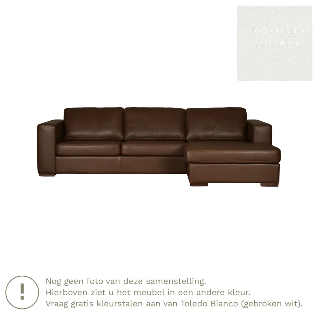 afbeelding van Leren hoekbank Flow - 3 zits arm rechts + longchair links - Toledo Bianco (gebroken wit) - Poten hout bruin