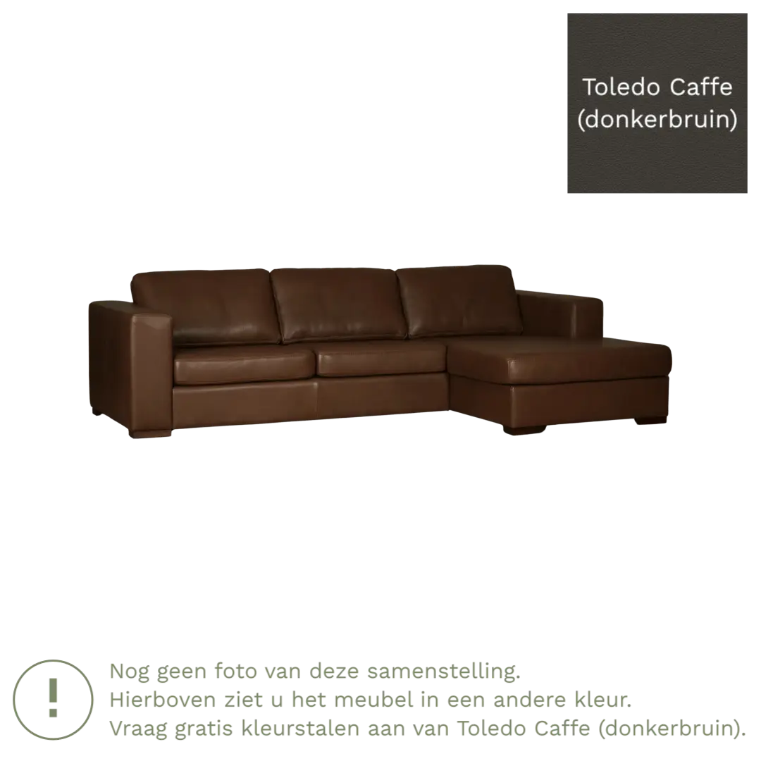 afbeelding van Leren hoekbank Flow - 3 zits arm rechts + longchair links - Toledo Caffe (donkerbruin) - Poten hout zwart