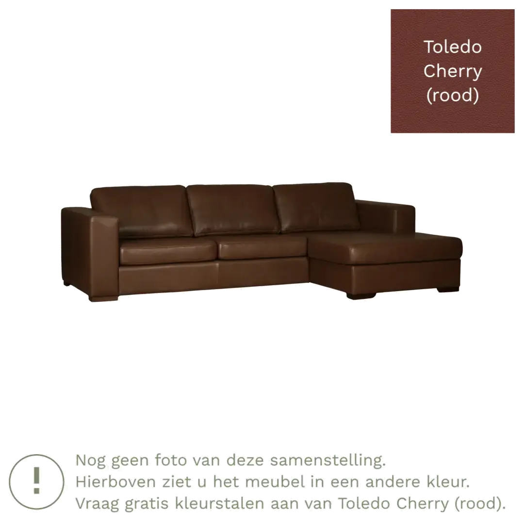 afbeelding van Leren hoekbank Flow - 3 zits arm rechts + longchair links - Toledo Cherry (rood) - Poten hout zwart