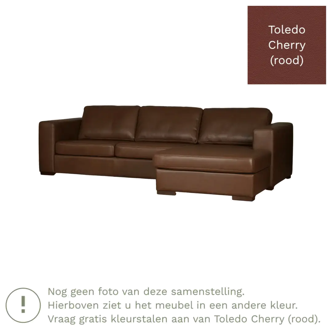 afbeelding van Leren hoekbank Flow - 3 zits arm rechts + longchair links - Toledo Cherry (rood) - Poten hout zwart