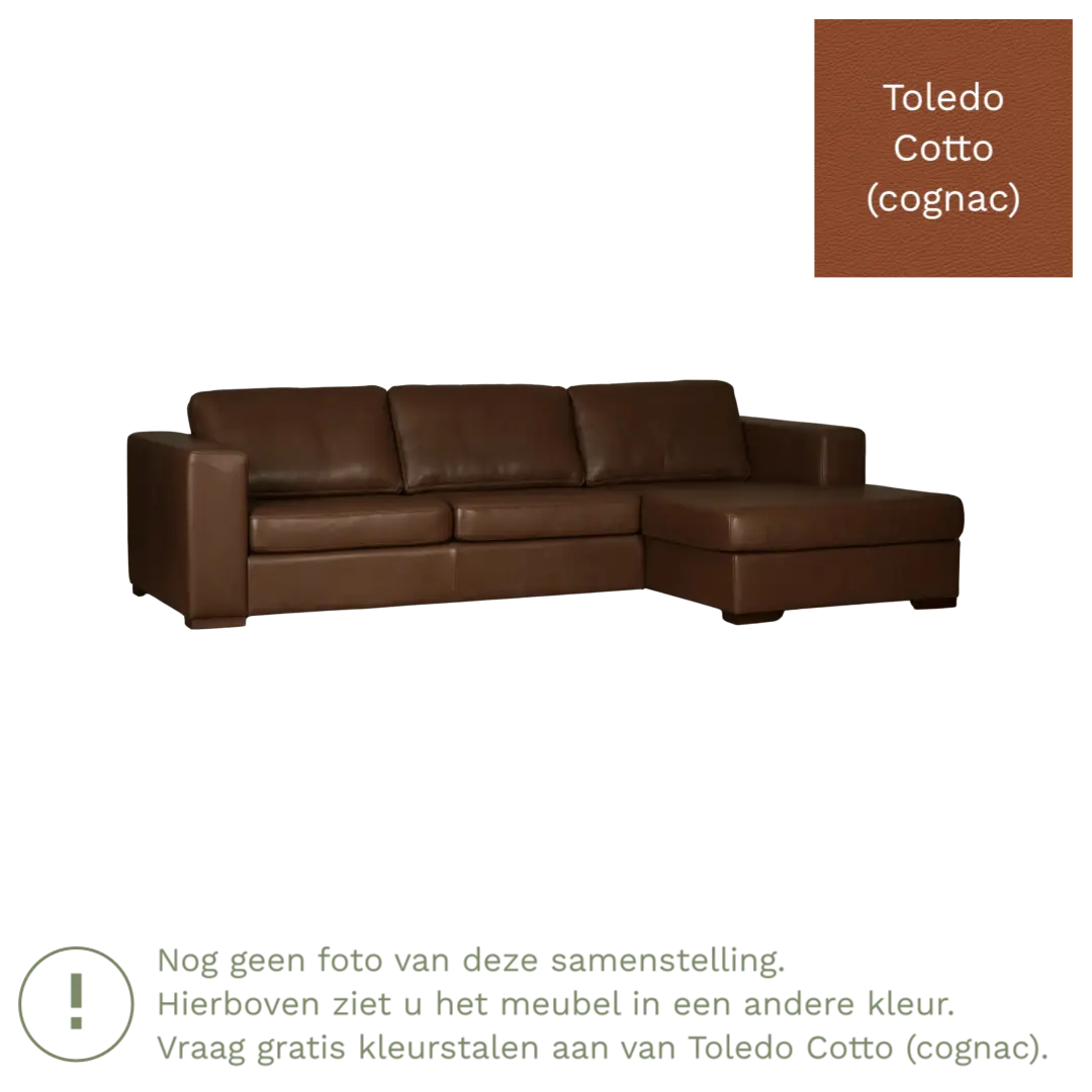 afbeelding van Leren hoekbank Flow - 3 zits arm rechts + longchair links - Toledo Cotto (cognac) - Poten hout bruin