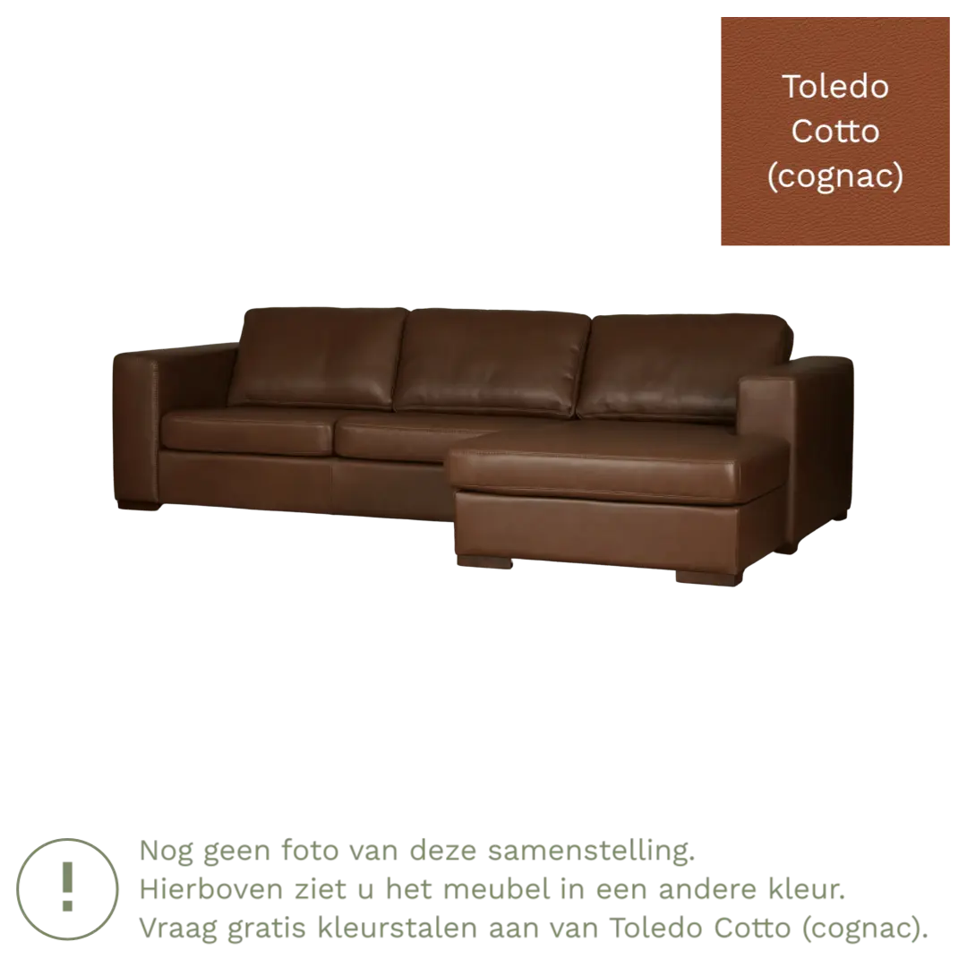 afbeelding van Leren hoekbank Flow - 3 zits arm rechts + longchair links - Toledo Cotto (cognac) - Poten hout bruin