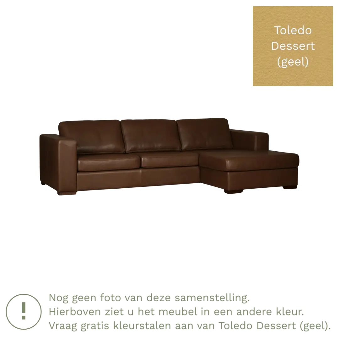 afbeelding van Leren hoekbank Flow - 3 zits arm rechts + longchair links - Toledo Dessert (geel) - Poten hout zwart