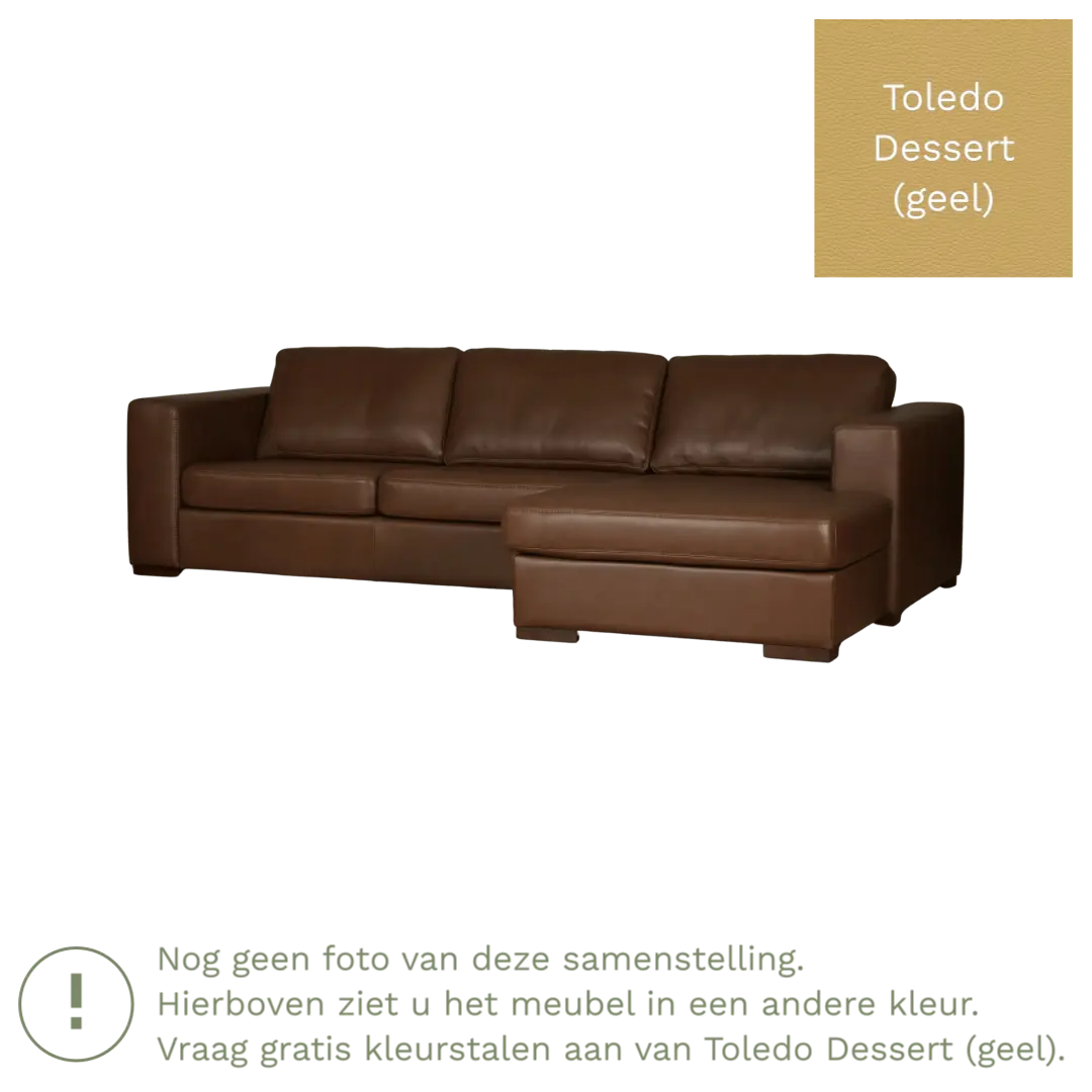 afbeelding van Leren hoekbank Flow - 3 zits arm rechts + longchair links - Toledo Dessert (geel) - Poten hout zwart