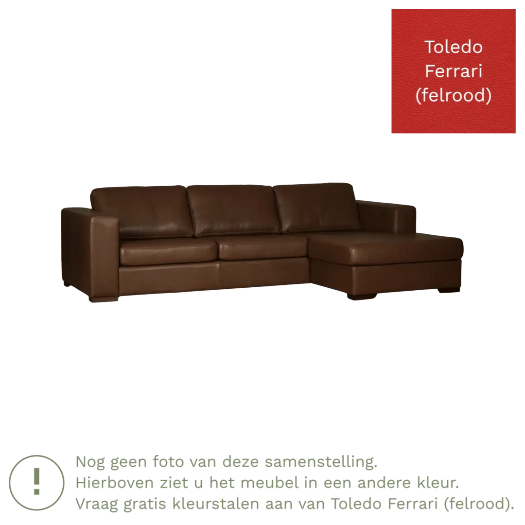 afbeelding van Leren hoekbank Flow - 3 zits arm rechts + longchair links - Toledo Ferrari (felrood) - Poten hout zwart