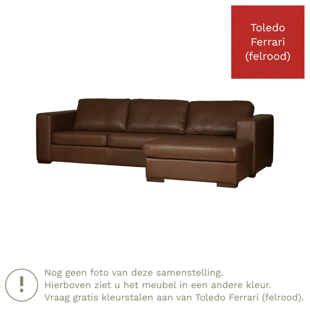 afbeelding van Leren hoekbank Flow - 3 zits arm rechts + longchair links - Toledo Ferrari (felrood) - Poten hout zwart
