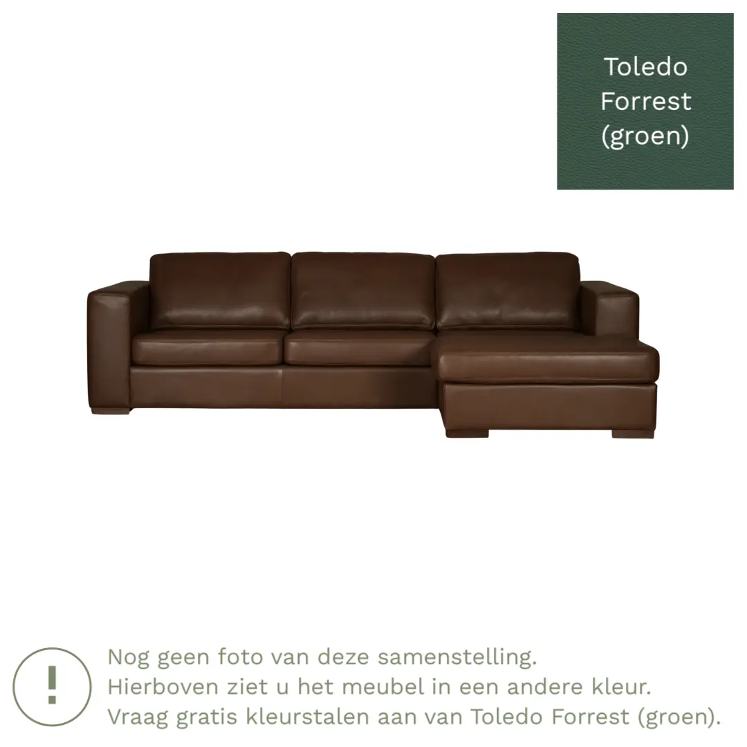 afbeelding van Leren hoekbank Flow - 3 zits arm rechts + longchair links - Toledo Forrest (groen) - Poten hout bruin