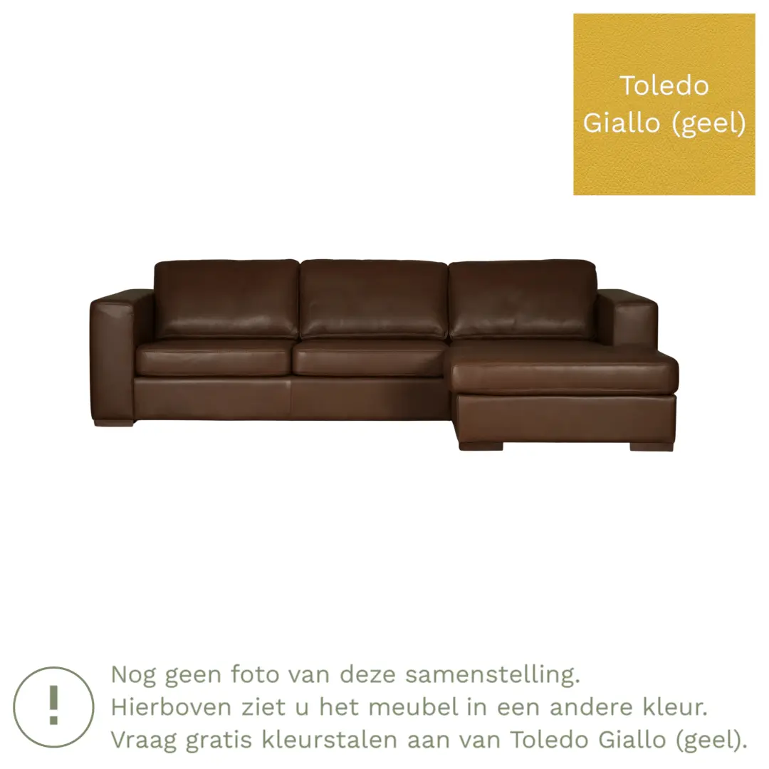 afbeelding van Leren hoekbank Flow - 3 zits arm rechts + longchair links - Toledo Giallo (geel) - Poten hout bruin