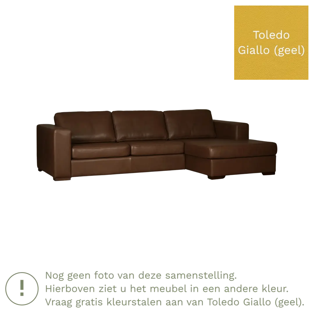 afbeelding van Leren hoekbank Flow - 3 zits arm rechts + longchair links - Toledo Giallo (geel) - Poten hout bruin