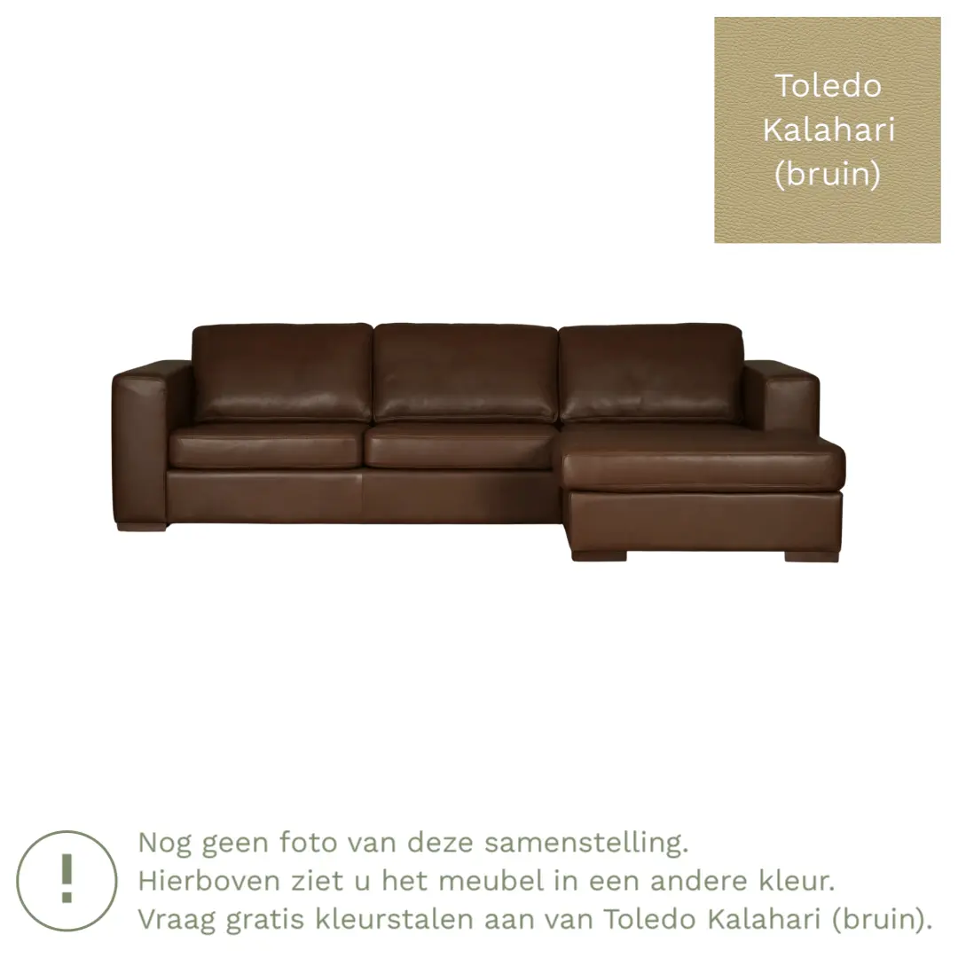 afbeelding van Leren hoekbank Flow - 3 zits arm rechts + longchair links - Toledo Kalahari (bruin) - Poten hout zwart