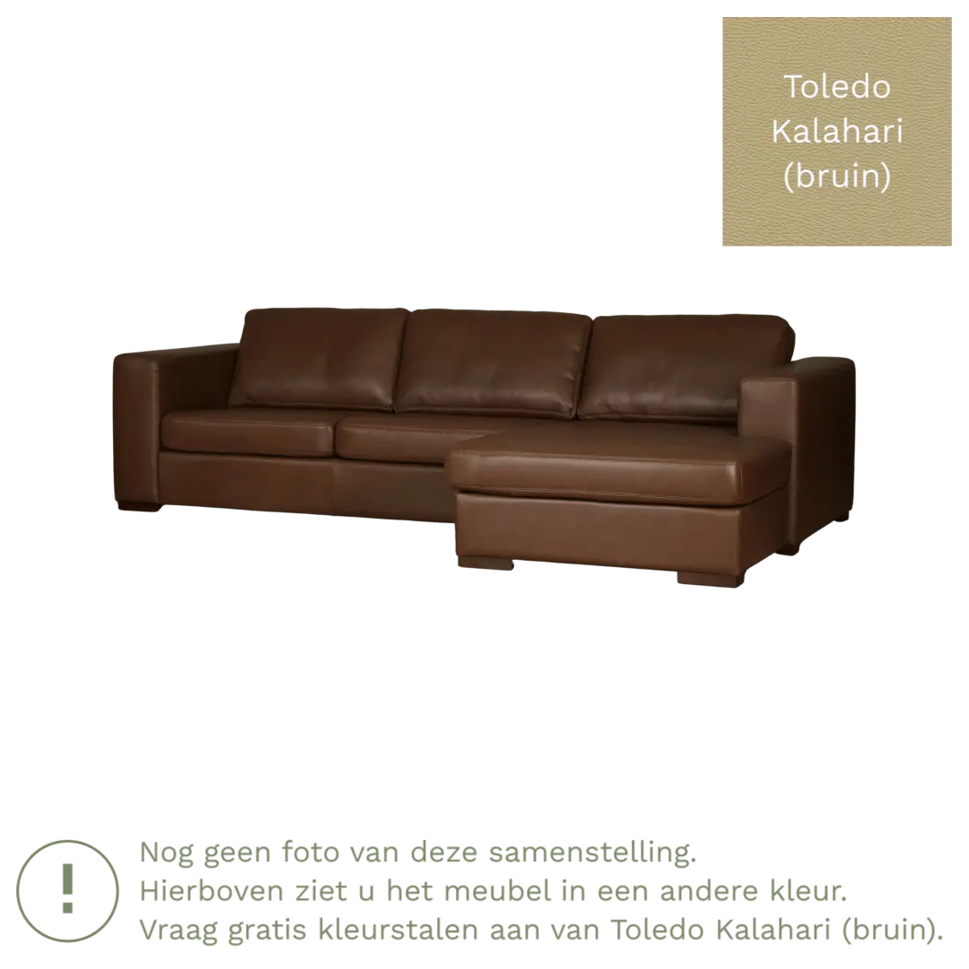 afbeelding van Leren hoekbank Flow - 3 zits arm rechts + longchair links - Toledo Kalahari (bruin) - Poten hout zwart