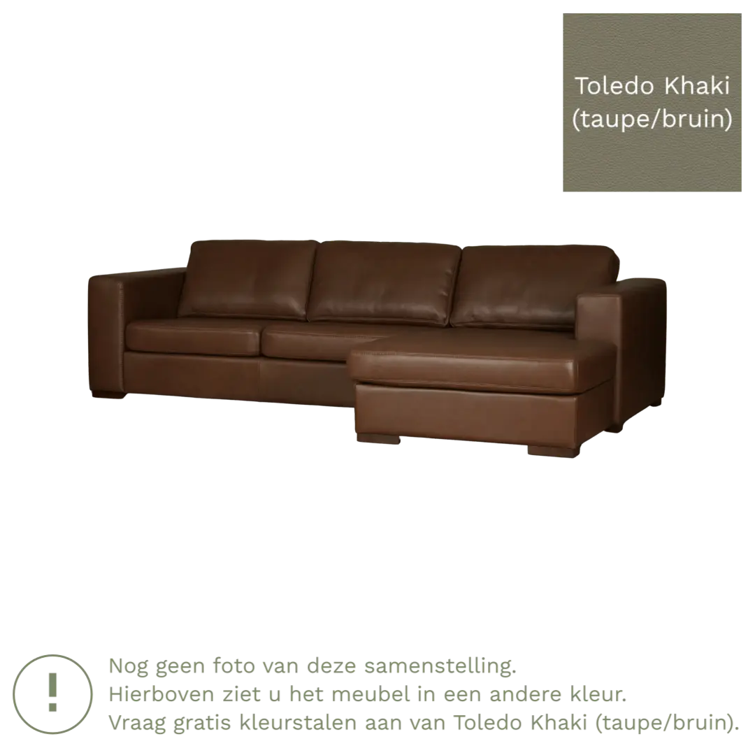 afbeelding van Leren hoekbank Flow - 3 zits arm rechts + longchair links - Toledo Khaki (taupe/bruin) - Poten hout zwart