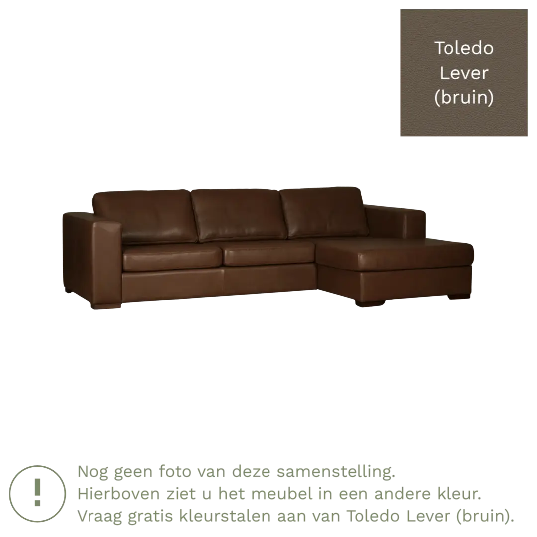 afbeelding van Leren hoekbank Flow - 3 zits arm rechts + longchair links - Toledo Lever (bruin) - Poten hout bruin