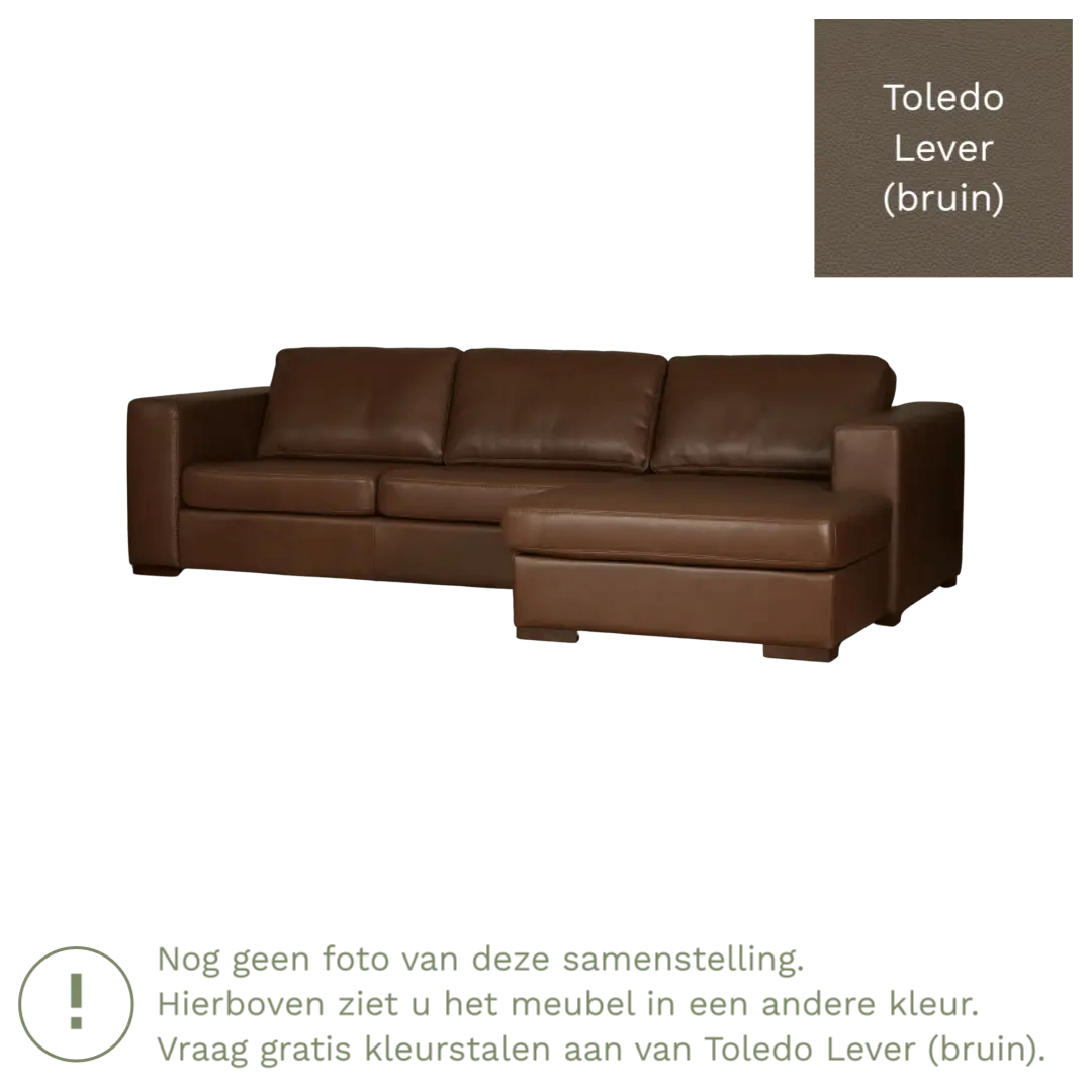 afbeelding van Leren hoekbank Flow - 3 zits arm rechts + longchair links - Toledo Lever (bruin) - Poten hout bruin