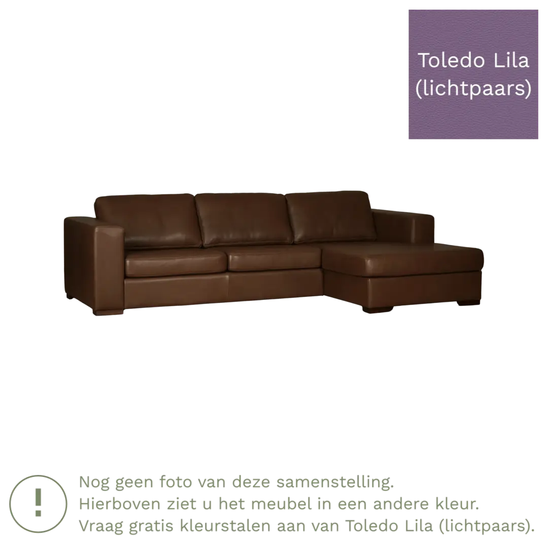 afbeelding van Leren hoekbank Flow - 3 zits arm rechts + longchair links - Toledo Lila (lichtpaars) - Poten hout bruin