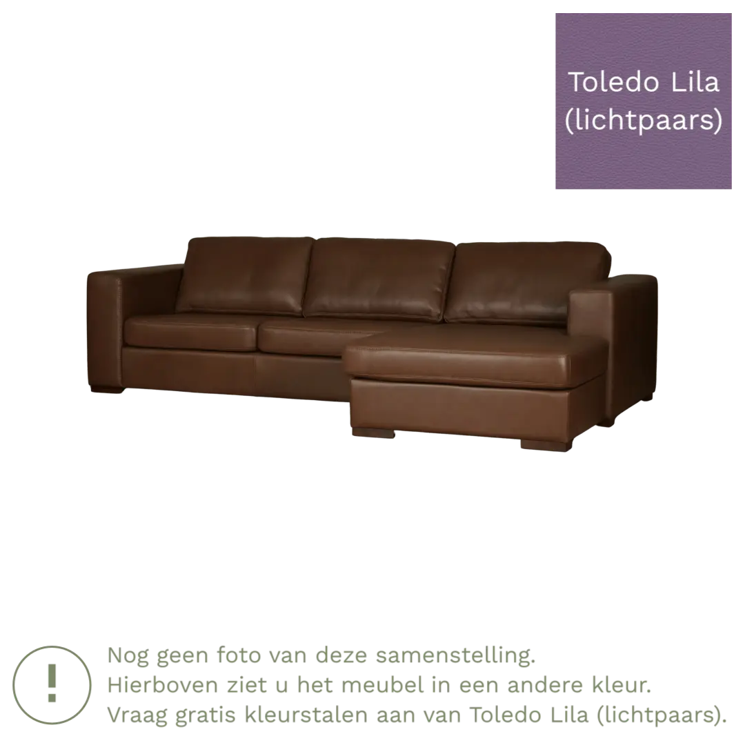 afbeelding van Leren hoekbank Flow - 3 zits arm rechts + longchair links - Toledo Lila (lichtpaars) - Poten hout bruin