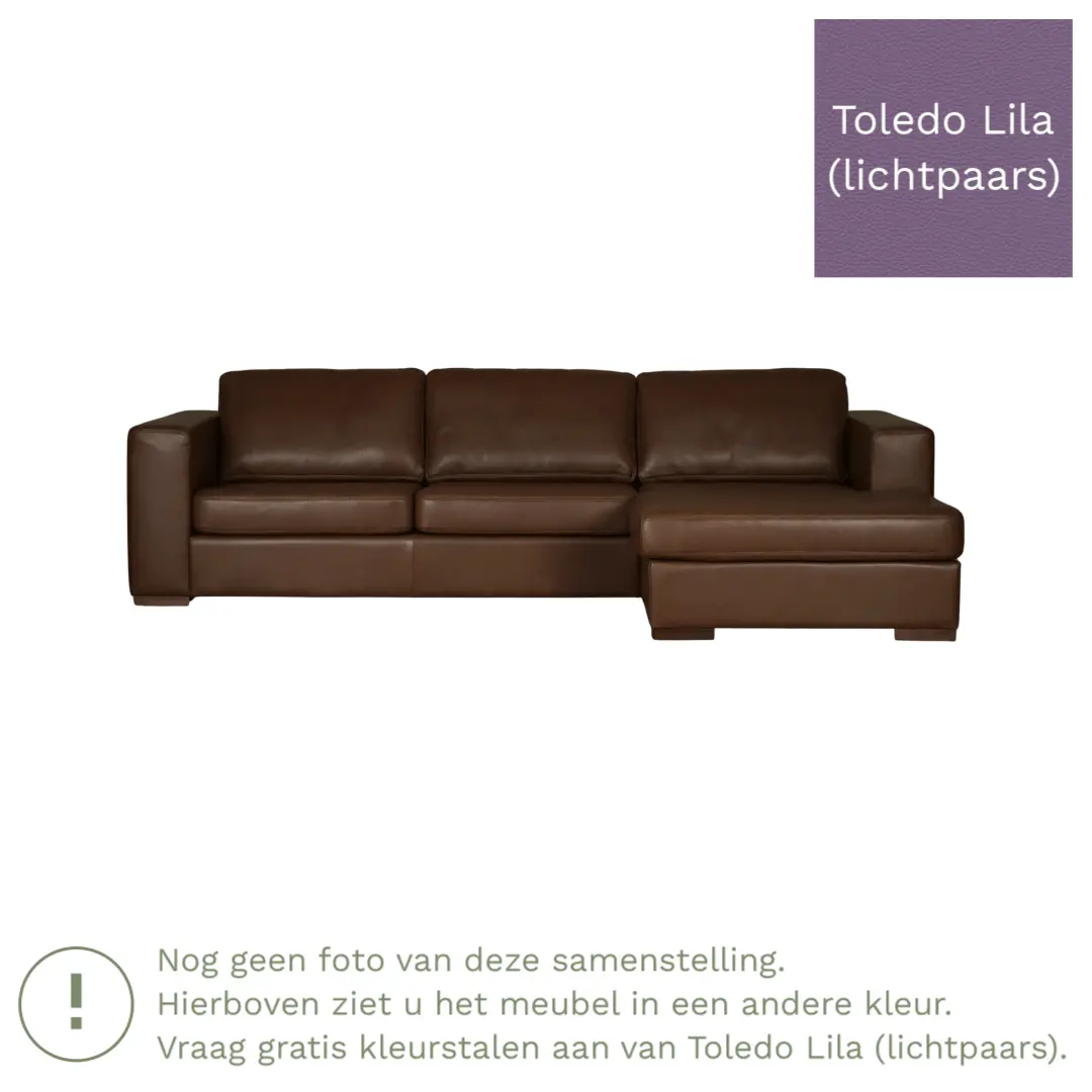 afbeelding van Leren hoekbank Flow - 3 zits arm rechts + longchair links - Toledo Lila (lichtpaars) - Poten hout zwart
