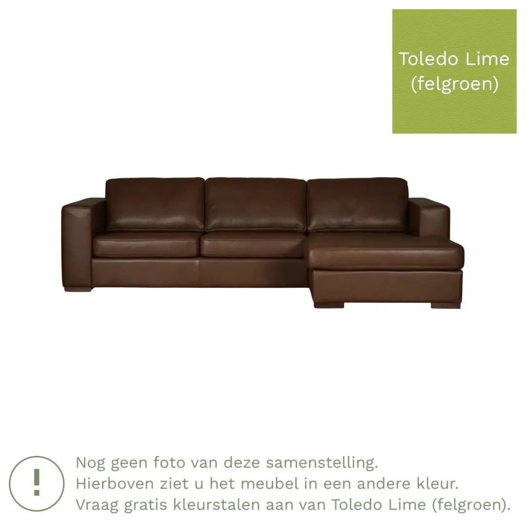 afbeelding van Leren hoekbank Flow - 3 zits arm rechts + longchair links - Toledo Lime (felgroen) - Poten hout bruin