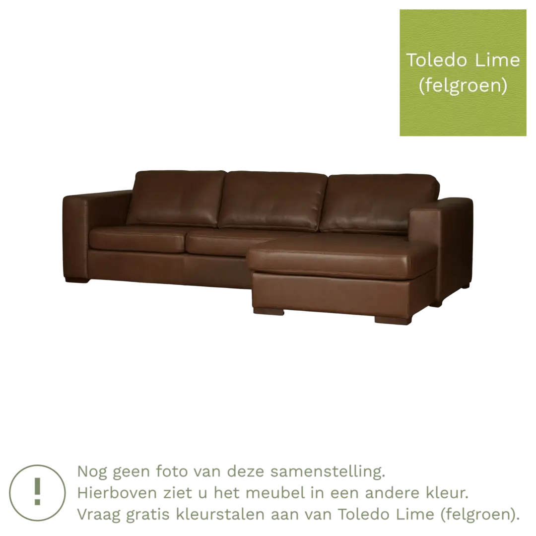 afbeelding van Leren hoekbank Flow - 3 zits arm rechts + longchair links - Toledo Lime (felgroen) - Poten hout bruin