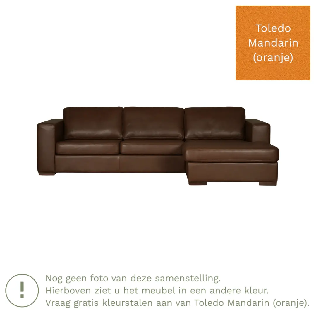 afbeelding van Leren hoekbank Flow - 3 zits arm rechts + longchair links - Toledo Mandarin (oranje) - Poten hout zwart