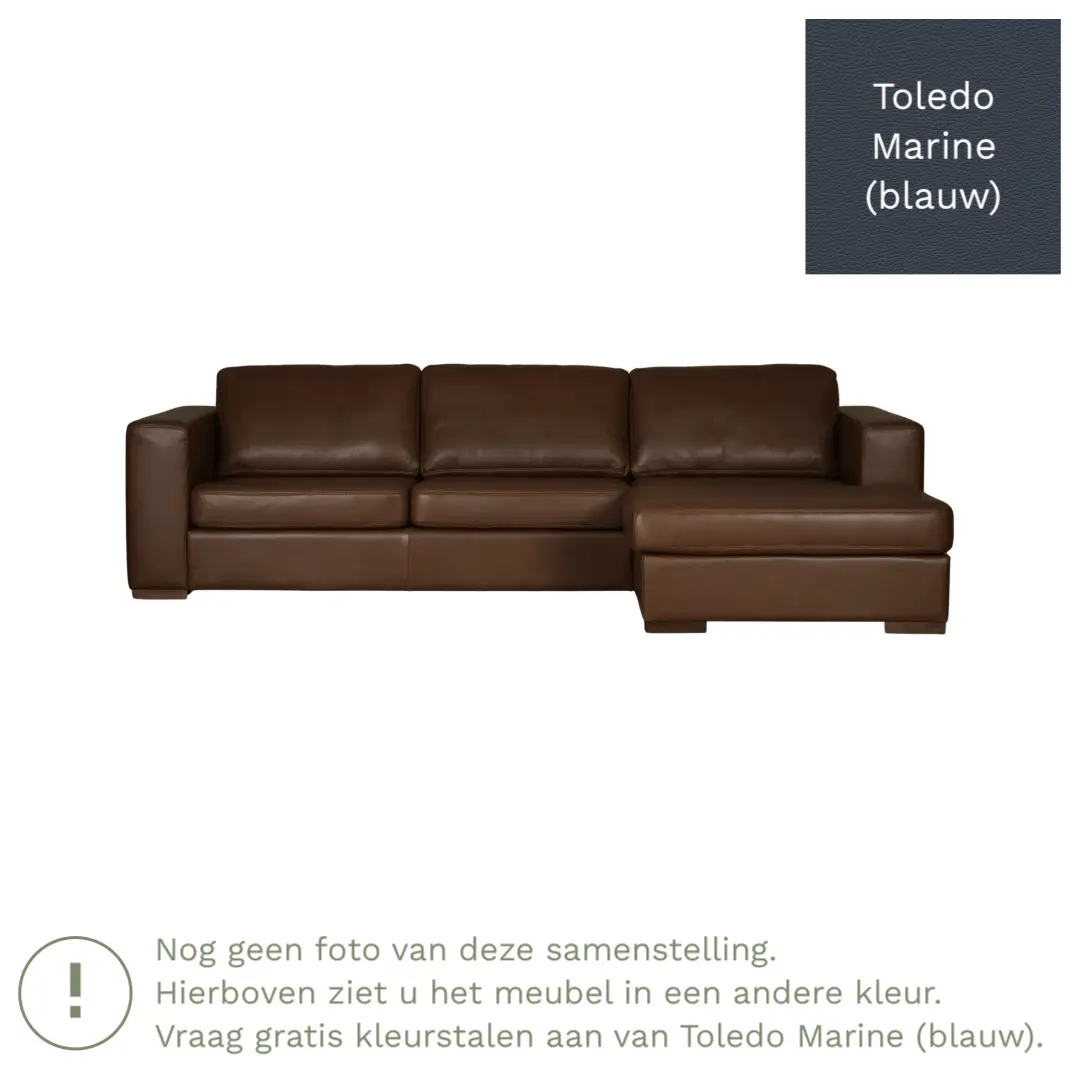 afbeelding van Leren hoekbank Flow - 3 zits arm rechts + longchair links - Toledo Marine (blauw) - Poten hout bruin