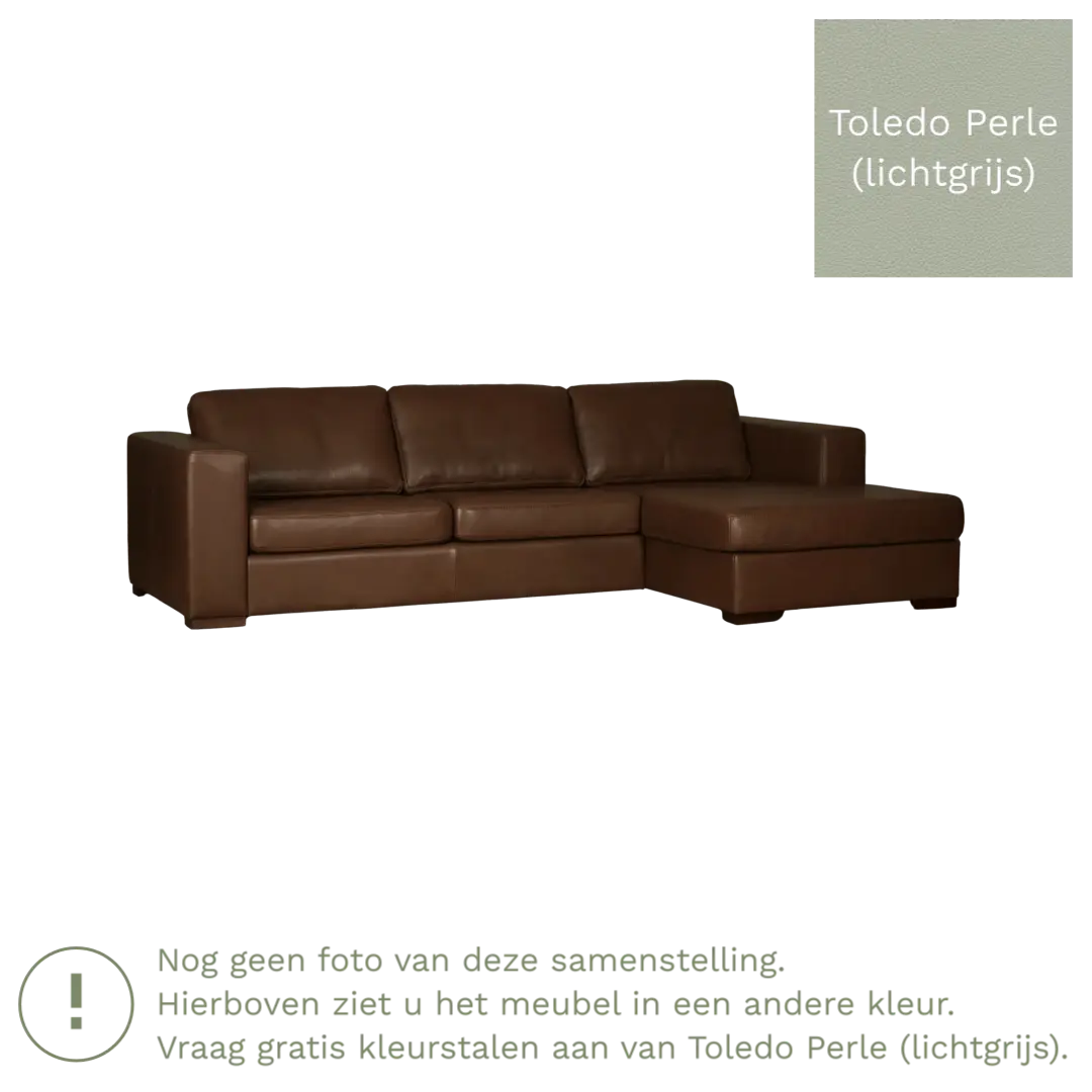 afbeelding van Leren hoekbank Flow - 3 zits arm rechts + longchair links - Toledo Perle (lichtgrijs) - Poten hout bruin