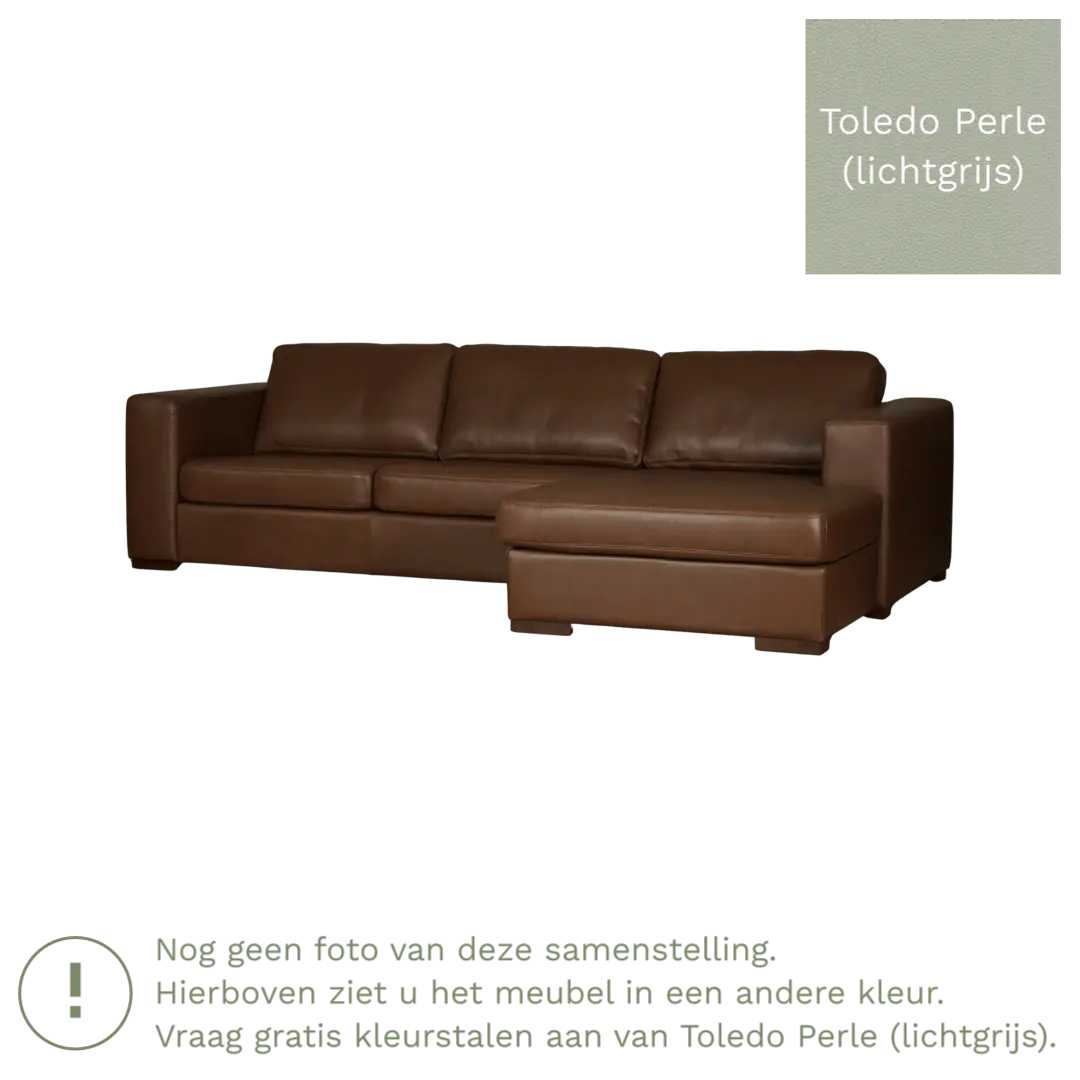 afbeelding van Leren hoekbank Flow - 3 zits arm rechts + longchair links - Toledo Perle (lichtgrijs) - Poten hout bruin